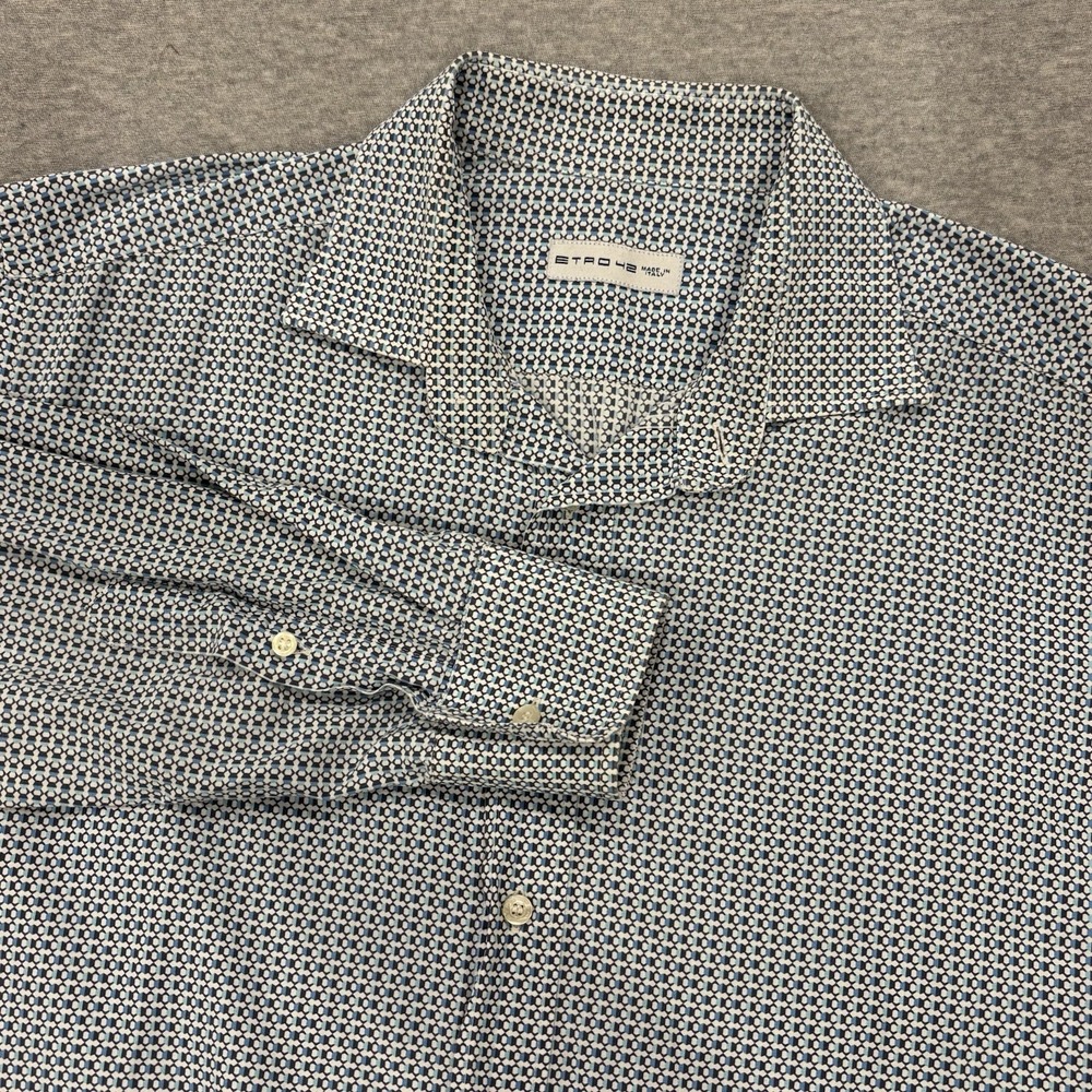 Etro Micro Geometric Button Up Shirt Men's Size 42 Blue White Long Sleeve Italy